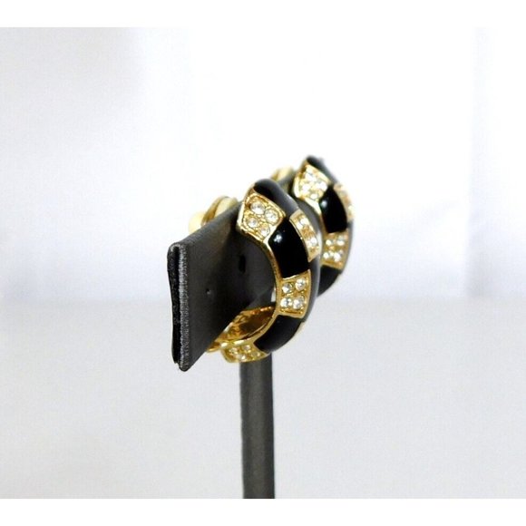 Roman Black Enamel Pave Crystal Rhinestone Half Hoop Earrings Clip on - Picture 6 of 10